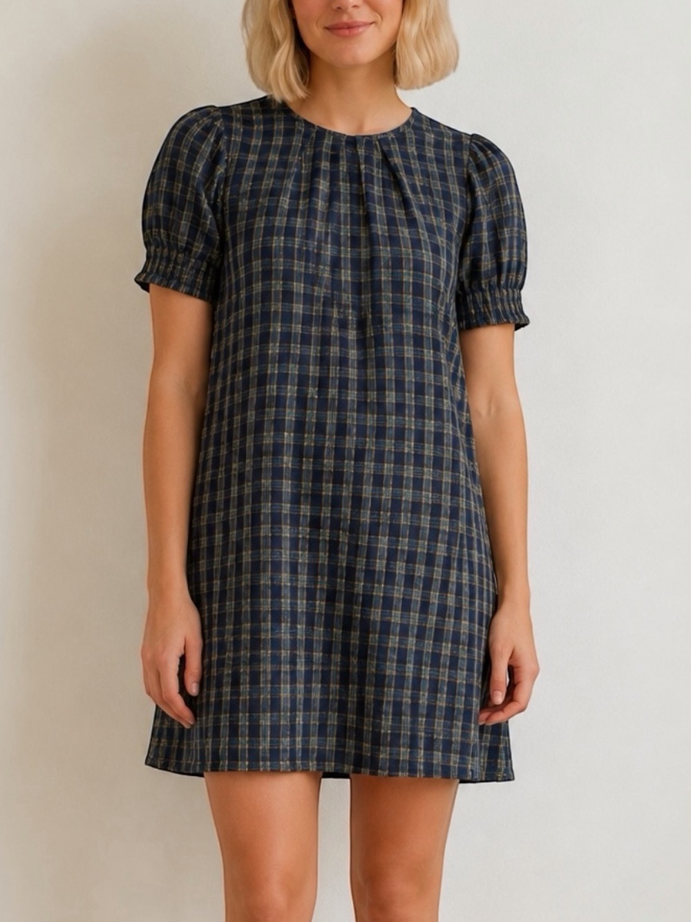 Duffield Lane Daniella Navy Plaid Short Puff Sleeve Mini Dress Women’s Size S